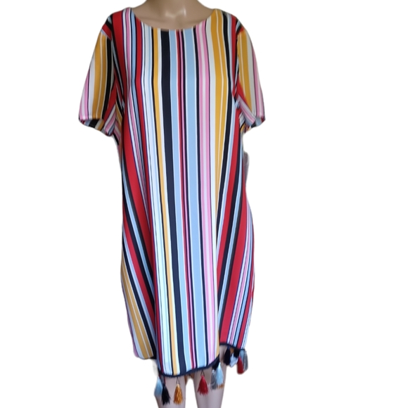Aidan Mattox Womens Multicolored Stripes Shift Dress Tasseled Scoop Neck Size 14 - Picture 2 of 10